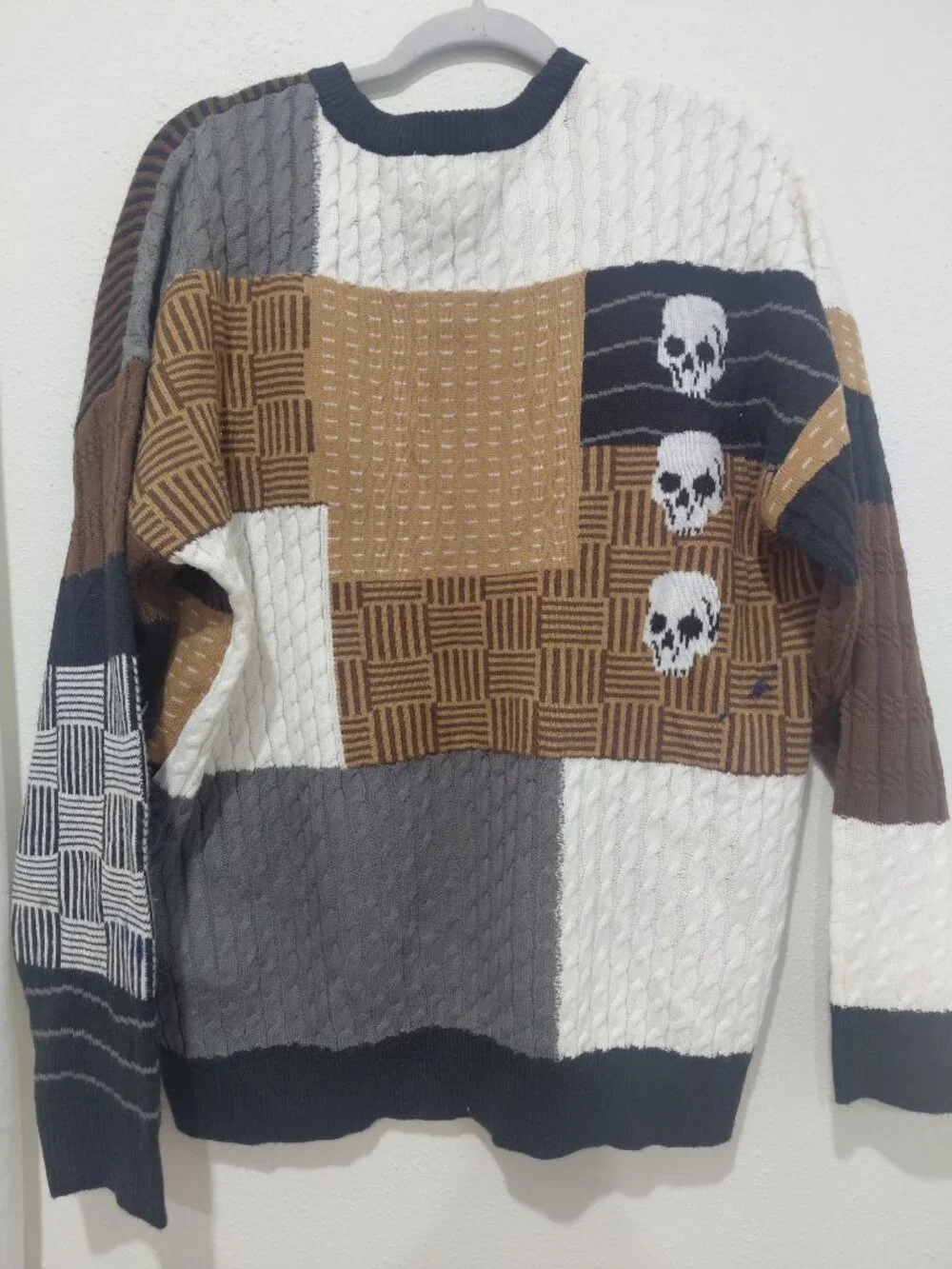 Skull Brown Patchwork Sweater Mens Small Hot Topic Grunge